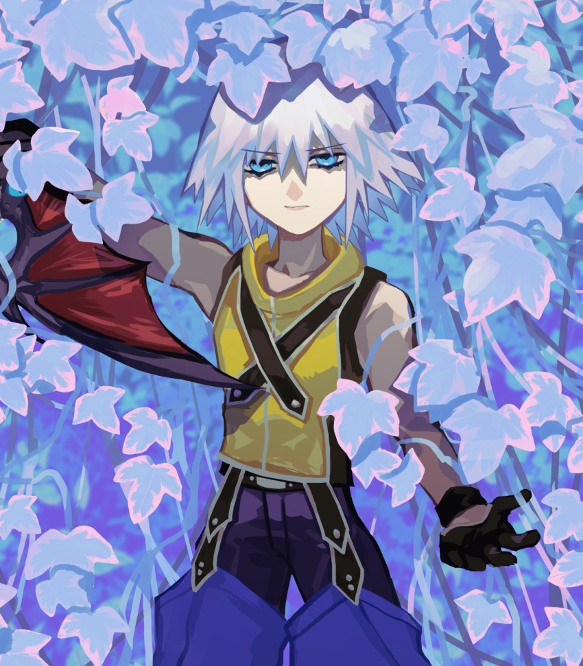 1boy black_gloves blue_eyes commentary_request cowboy_shot gloves half_gloves highres holding holding_sword holding_weapon keiseki1 kingdom_hearts kingdom_hearts_i male_focus plant riku_(kingdom_hearts) solo sword weapon white_hair wristband