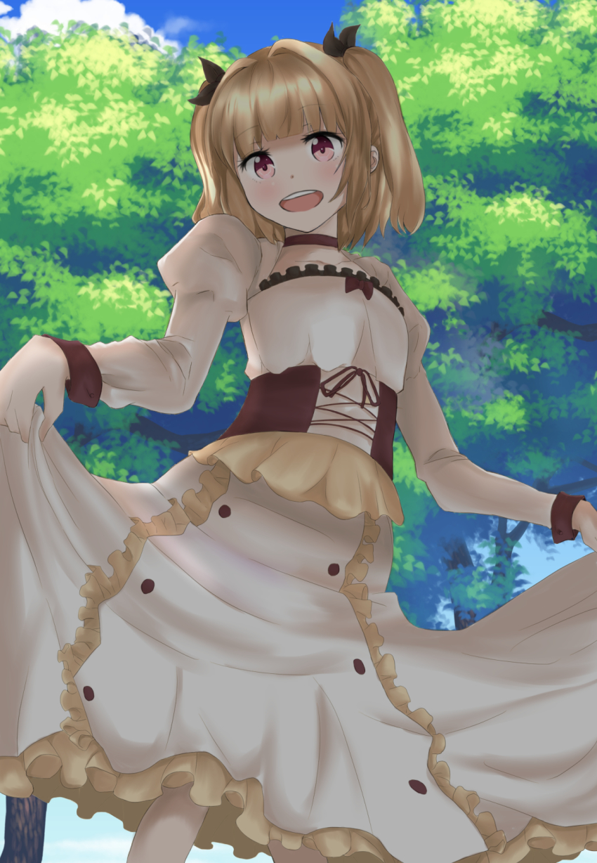 10s 1girl :d bad_id bad_pixiv_id bad_proportions blonde_hair bow buttons choker corset dress eyebrows female_focus frilled_dress frills hair_bow highres holding iijima_yun long_sleeves looking_at_viewer new_game! open_mouth poorly_drawn puffy_sleeves red_eyes skirt skirt_hold smile solo tanuki_(siutkm0228) teeth two_side_up