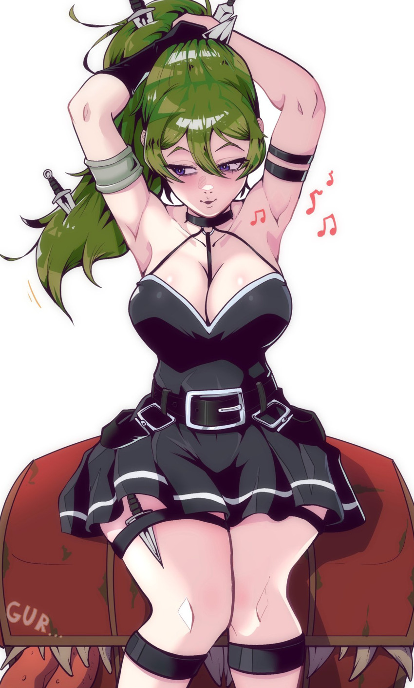 1girl adjusting_hair arm_strap armpits arms_behind_head arms_up belt black_dress blush breasts cleavage collarbone dagger dress eyebrows eyelashes feet_out_of_frame female_focus from_above green_hair highres knife long_hair looking_afar looking_to_the_side mimic monster musical_note o-ring o-ring_collar parted_lips ponytail purple_eyes simple_background sitting solo sousou_no_frieren strapless strapless_dress thigh_strap tidal_(tidaltides) ubel_(sousou_no_frieren) weapon white_background