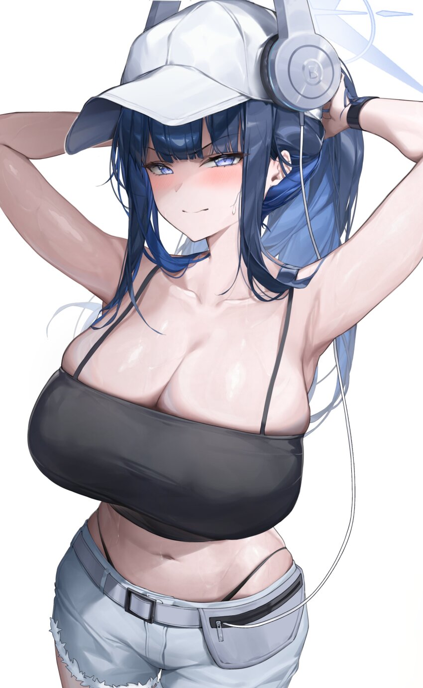 1girl absurdres armpits arms_up baseball_cap black_camisole blue_archive blue_eyes blue_hair breasts camisole cleavage collarbone commentary crop_top denim denim_shorts halo hat headphones highres huge_breasts looking_at_viewer navel official_alternate_costume samart saori_(blue_archive) saori_(swimsuit)_(blue_archive) short_shorts shorts simple_background solo stomach symbol-only_commentary white_background