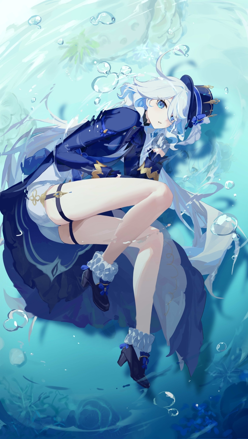 1girl absurdres black_footwear blue_eyes blue_hair blue_hat blue_jacket bubble chinese_commentary commentary_request full_body furina_(genshin_impact) garter_belt genshin_impact hat highres jacket knees_up light_blue_hair long_hair long_sleeves lying on_side parted_lips pmg shorts solo very_long_hair water white_shorts