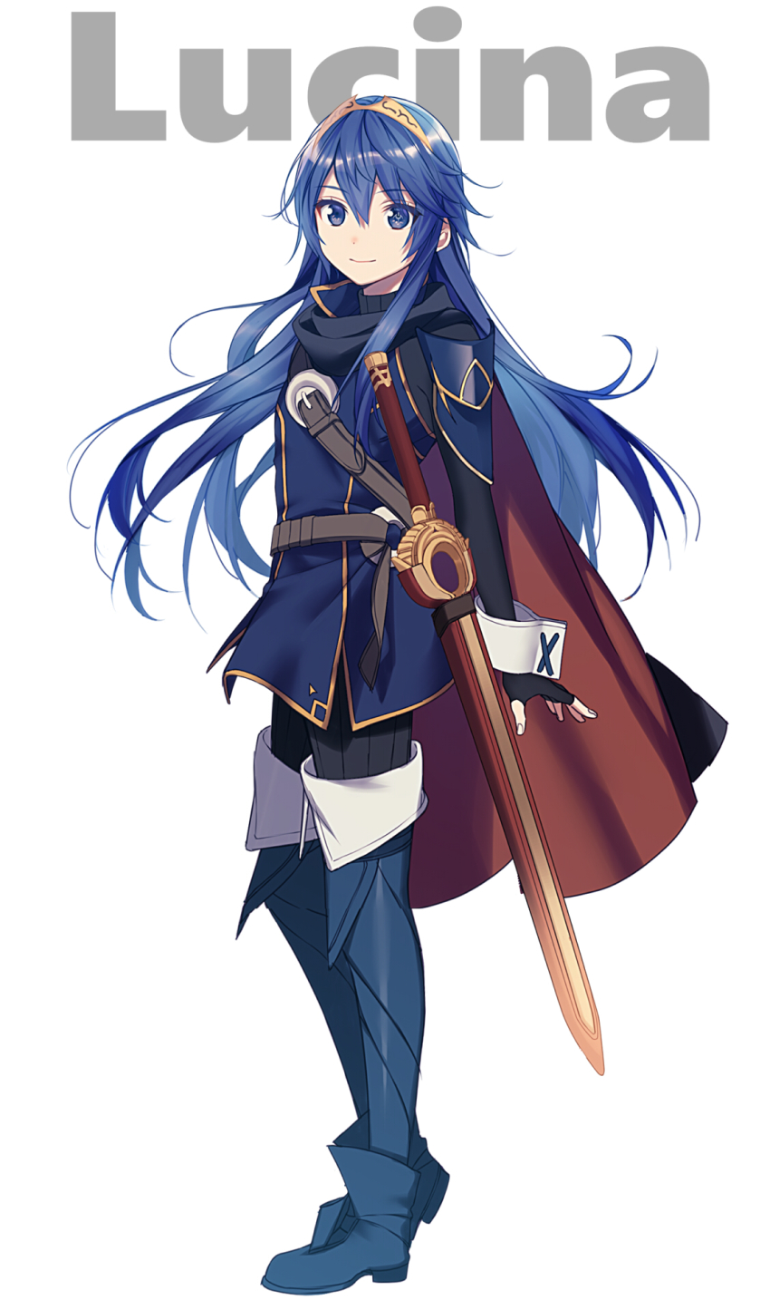 1girl arms_at_sides belt belt_buckle black_cape blue_eyes blue_hair boots buckle cape closed_mouth falchion_(fire_emblem) fingerless_gloves fire_emblem fire_emblem_awakening full_body gloves hair_ornament highres long_hair long_sleeves looking_at_viewer lucina_(fire_emblem) nintendo ribbed_sweater ryon_(ryonhei) smile solo sweater sword symbol_in_eye thigh_boots thighhighs tiara turtleneck very_long_hair weapon white_background wrist_cuffs