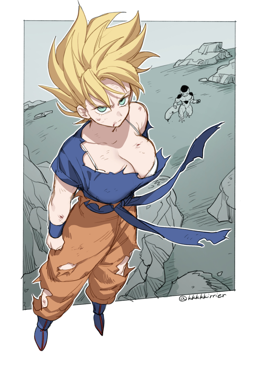 1boy 1girl absurdres alien artist_name blonde_hair blue_sash breasts commentary_request dragon_ball dragonball_z final_form_frieza frieza fuka_(kirrier) genderswap genderswap_(mtf) highres namek pants sash shirt short_hair son_goku spiked_hair super_saiyan torn_clothes