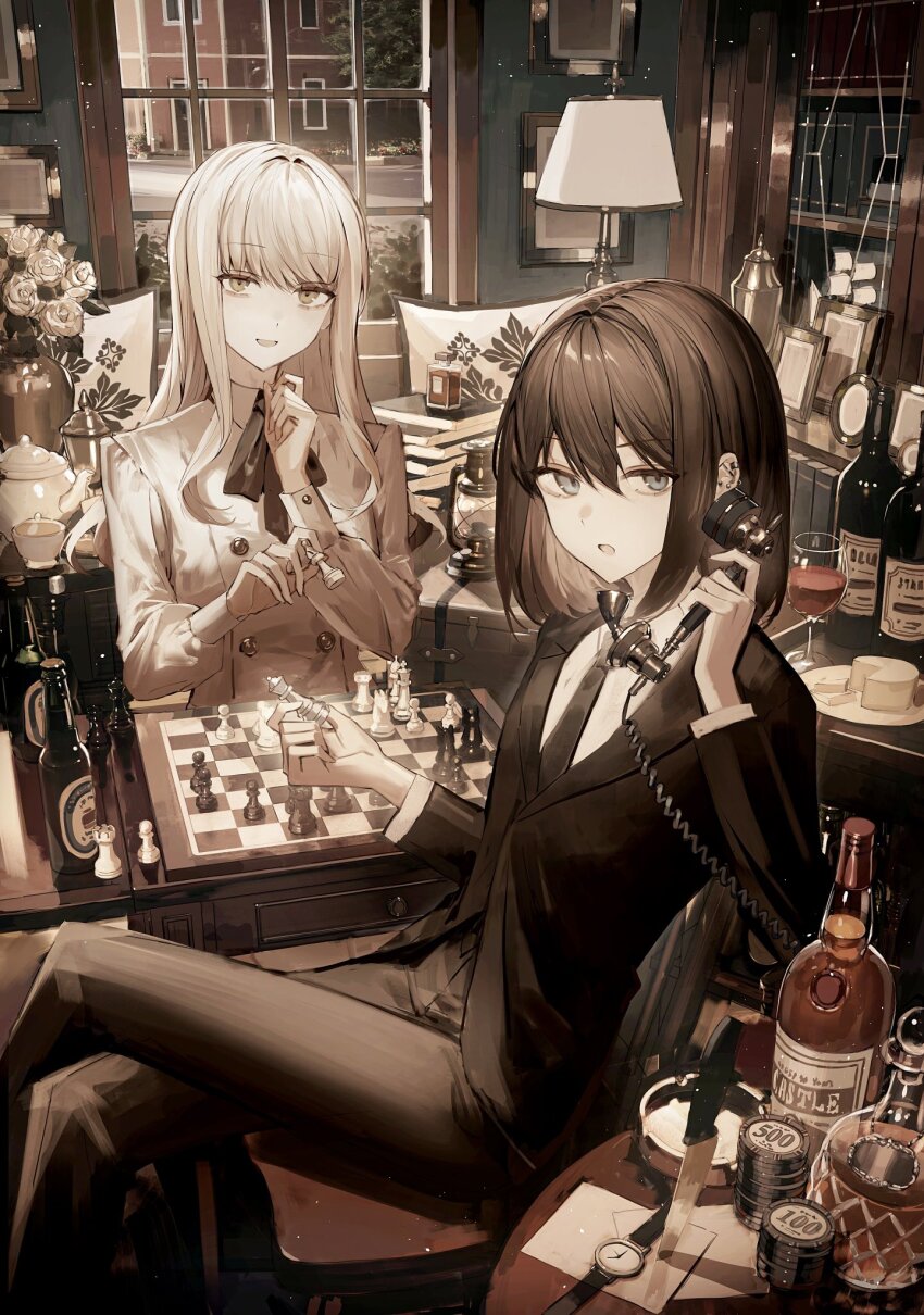 2girls alcohol antique_phone ascot beer_bottle black_ascot black_hair black_jacket black_necktie black_pants black_suit blonde_hair blue_eyes bob_cut bookshelf bottle building cabinet chair cheese cheese_wheel chess_piece chessboard choppy_bangs coffee_table cup double-parted_bangs flower food formal_clothes green_eyes hair_between_eyes highres holding holding_chess_piece jacket knife lamp long_hair looking_at_viewer medium_hair multiple_girls necktie original pants phone picture_frame playing_chess poker_chip rose rotary_phone shirt sidelocks sitting suit table tamitami teacup teapot watch wavy_hair whiskey white_flower white_rose white_shirt window wine_bottle wristwatch