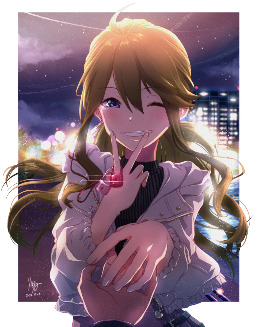 1girl ahoge blue_eyes brown_hair building dated harutaro_nico highres idolmaster idolmaster_million_live! idolmaster_million_live!_theater_days jacket lock long_hair low_ponytail night one_eye_closed padlock pov private_dress_(idolmaster_million_live!) reaching reaching_towards_viewer signature smile solo_focus sweater tears tokoro_megumi turtleneck turtleneck_sweater v