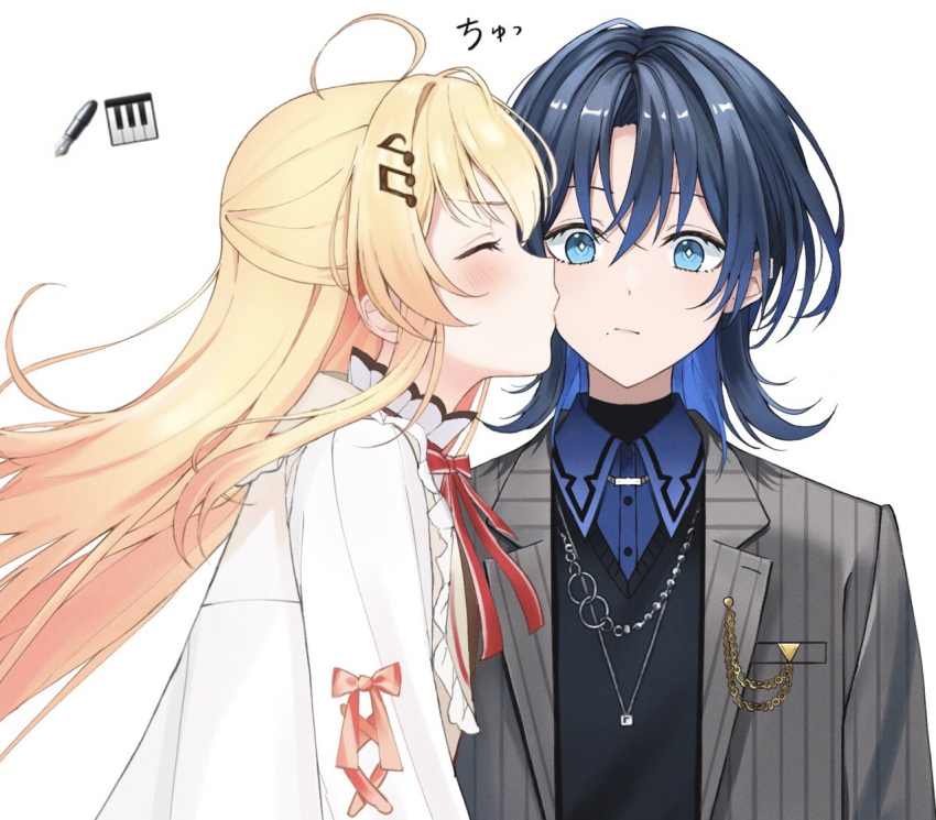 2girls ahoge blonde_hair blue_eyes blue_hair blush collared_shirt commentary fortissimo grey_jacket hair_ornament hiodoshi_ao hiodoshi_ao_(1st_costume) hololive hololive_dev_is jacket jewelry kiss kissing_cheek long_hair looking_at_viewer mochi_jiro mole mole_under_mouth multiple_girls musical_note musical_note_hair_ornament necklace otonose_kanade otonose_kanade_(1st_costume) shirt short_hair simple_background virtual_youtuber white_background yuri