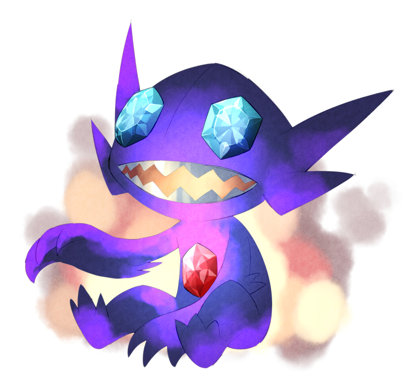 aqua_eyes commentary_request creatures_(company) full_body game_freak gem gen_3_pokemon highres looking_up mira_(miramita8727) nintendo no_humans open_mouth pokemon pokemon_(creature) red_gemstone sableye sharp_teeth sitting solo teeth