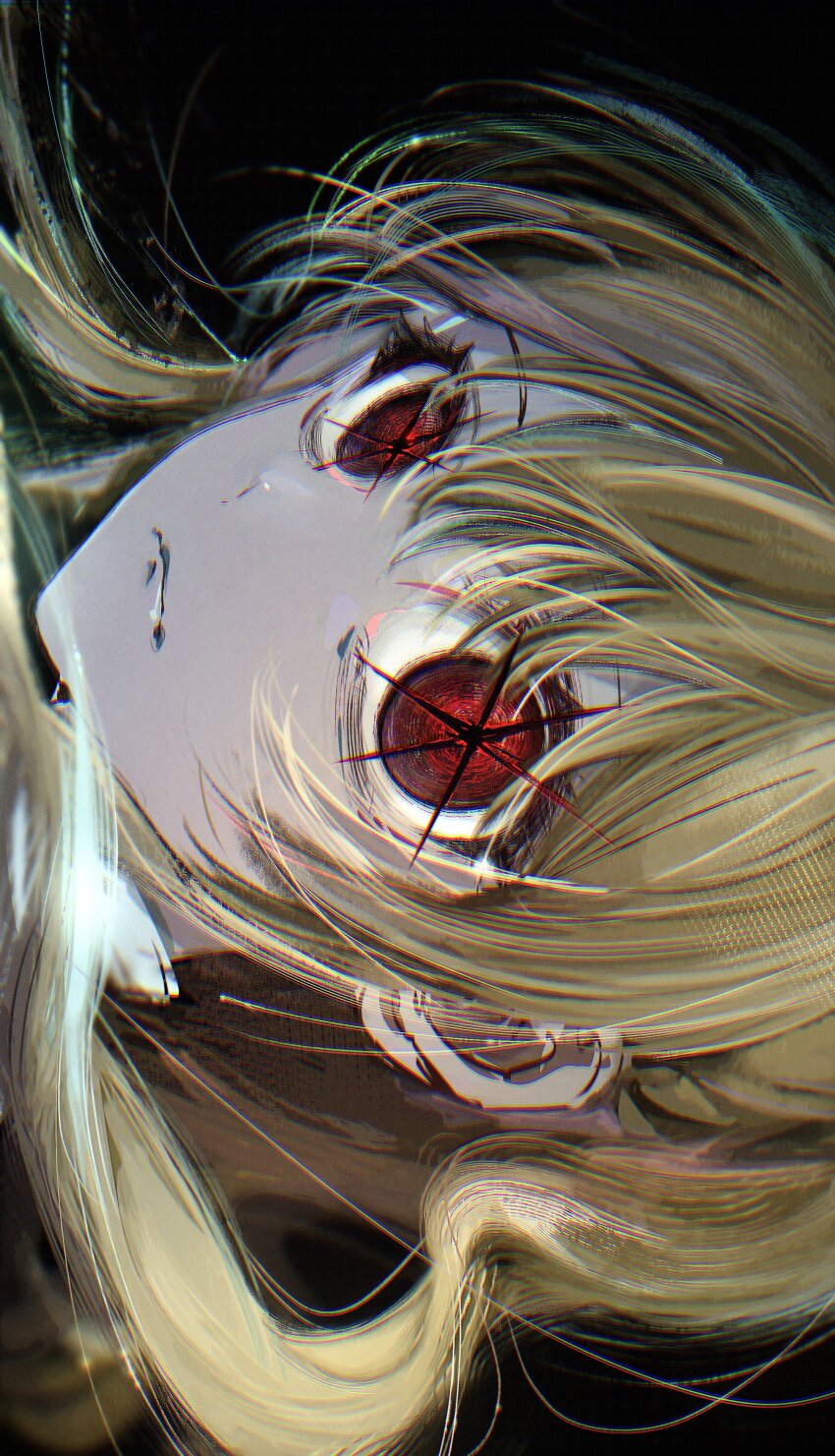 1girl absurdres blonde_hair chromatic_aberration closed_mouth floating_hair highres hoshino_ruby long_hair nept_o oshi_no_ko portrait red_eyes sideways solo star-shaped_pupils star_(symbol) symbol-shaped_pupils