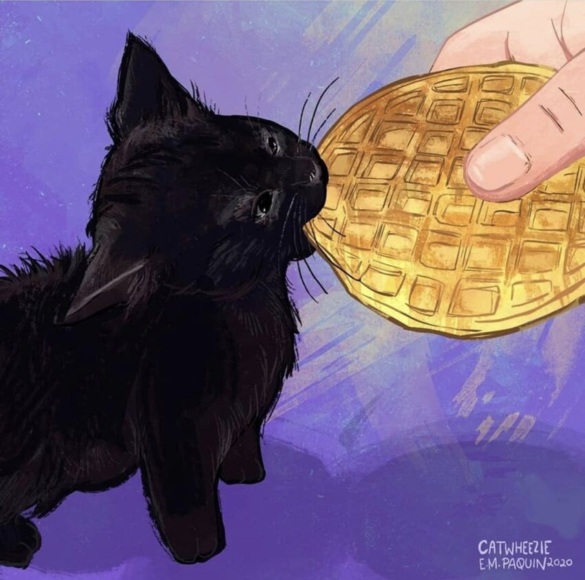 1other animal animal_focus artist_name biting black_cat cat catwheezie commentary derivative_work eating english_commentary food holding holding_food kitten original photo-referenced purple_background signature simple_background solo waffle whiskers