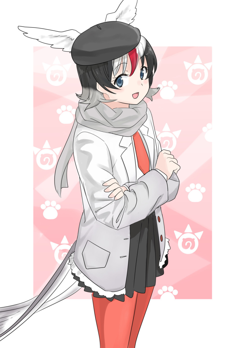 10s 1girl arctic_tern_(kemono_friends) bad_id bad_tumblr_id black_hair blue_eyes coat cowboy_shot crossed_arms feathered_wings feathers female_focus grey_hair hat head_wings highres japari_symbol kemono_friends momosuke_(ishakry) multicolored_hair necktie open_mouth pantyhose red_hair scarf solo upper_body white_background white_hair wings