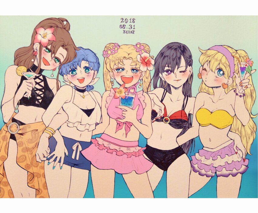 aino_minako bishoujo_senshi_sailor_moon black_choker black_hair blonde_hair blue_eyes blue_hair blue_nails blue_skirt bracelet brown_hair choker double_bun earrings flower green_eyes hair_bun hair_flower hair_ornament hairband heart heart_earrings hibiscus highres hino_rei jewelry kino_makoto long_hair medium_hair microskirt midriff mizuno_ami navel one_eye_closed parted_bangs pendant pink_hairband pink_nails pnpp_tako ponytail purple_eyes sarong short_hair sidelocks skirt swept_bangs swimsuit swimsuit_skirt tsukino_usagi very_long_hair