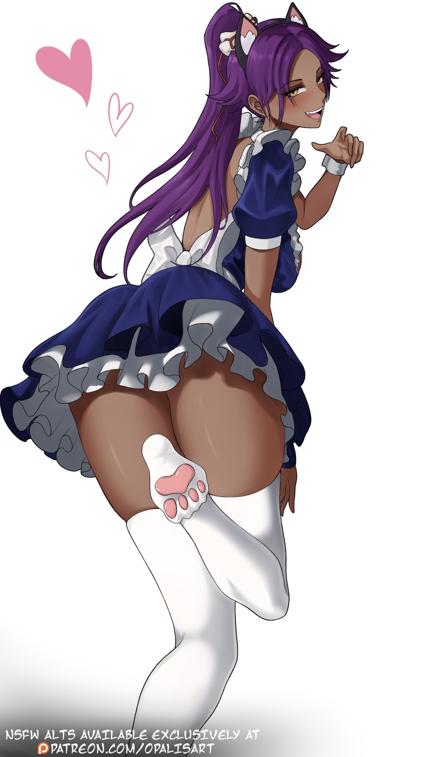 1girl animal_ears apron artist_name bleach breasts cat_ears cuffs dark-skinned_female dark_skin fake_animal_ears female_focus hair_ornament highres long_hair looking_at_viewer maid maid_apron medium_breasts opalis paid_reward_available patreon_username ponytail purple_hair shihouin_yoruichi simple_background thick_thighs thighhighs thighs white_background white_thighhighs white_wrist_cuffs wrist_cuffs yellow_eyes