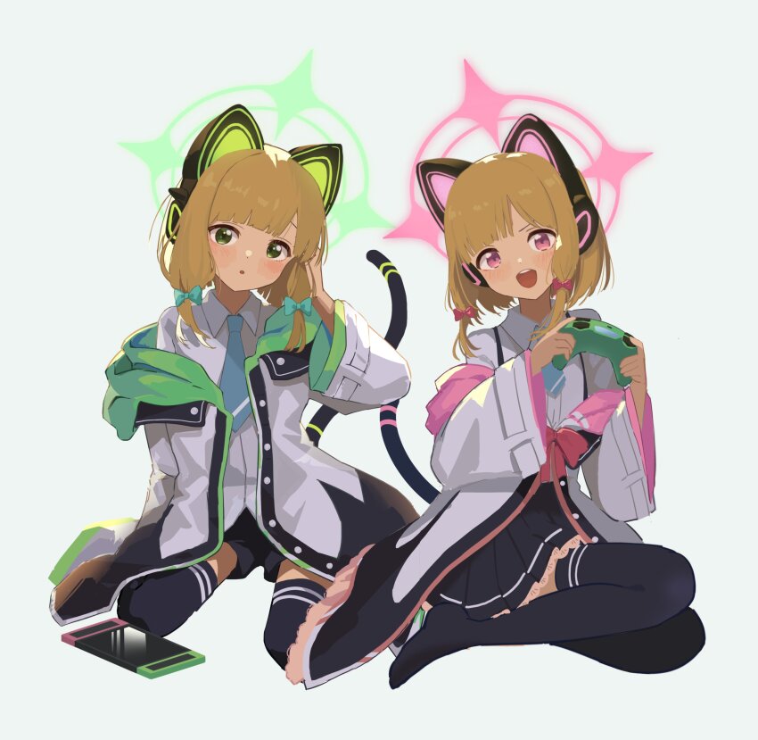 2girls :d :o absurdres animal_ear_headphones animal_ears aqua_bow black_headphones black_shorts black_skirt black_thighhighs blonde_hair blue_archive blue_necktie blunt_bangs blush bow cat_ear_headphones cat_tail collared_shirt controller dot_nose fake_animal_ears game_controller green_background green_eyes green_halo green_headphones green_jacket hair_bow halo hand_up handheld_game_console hands_up headphones highres holding holding_controller holding_game_controller jacket kgt_(pixiv12957613) looking_at_viewer midori_(blue_archive) momoi_(blue_archive) multicolored_clothes multicolored_jacket multiple_girls necktie open_mouth parted_lips pink_bow pink_eyes pink_halo pink_headphones pink_jacket pleated_skirt shirt short_hair short_necktie short_shorts shorts siblings simple_background sisters sitting skirt smile tail teeth thighhighs two-tone_headphones two-tone_jacket upper_teeth_only wariza white_jacket white_shirt yokozuwari