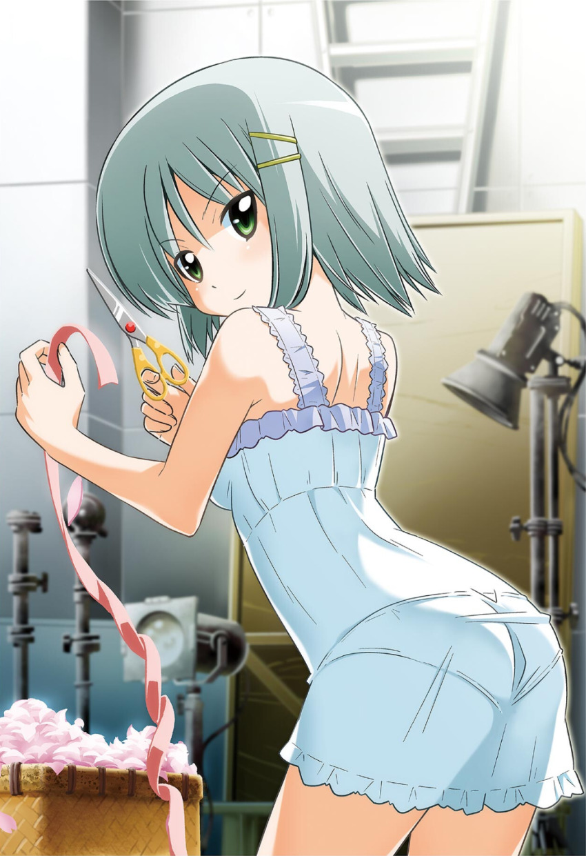 1girl aizawa_sakuya ass back bare_shoulders blush breasts dress green_eyes grey_hair hair_ornament hata_kenjirou hayate_no_gotoku! highres holding holding_scissors indoors large_breasts looking_back pantylines petals scissors short_hair sleeveless sleeveless_dress solo thighs