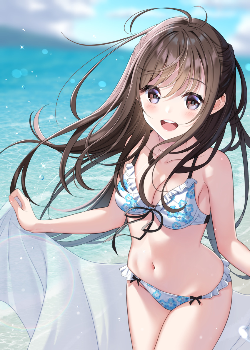 1girl absurdres ahoge beach bikini blurry blush bokeh breasts brown_hair cleavage cloud cloudy_sky collarbone commentary_request cowboy_shot day depth_of_field floating_hair floral_print frilled_bikini frills hair_between_eyes half_updo highres hominotsu light_particles long_hair looking_at_viewer medium_breasts navel ocean one_side_up open_mouth original sarong unworn_sarong sky smile sunlight swimsuit teeth water water_drop waves wind