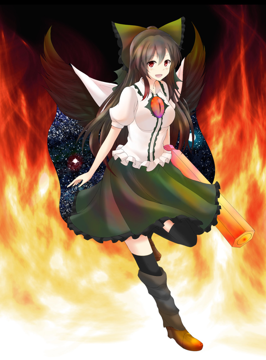 1girl absurdres asymmetrical_footwear bad_id bad_pixiv_id bow brown_hair colorized female_focus fire hair_bow highres jellylily long_hair looking_at_viewer mismatched_footwear red_eyes reiuji_utsuho smile solo touhou