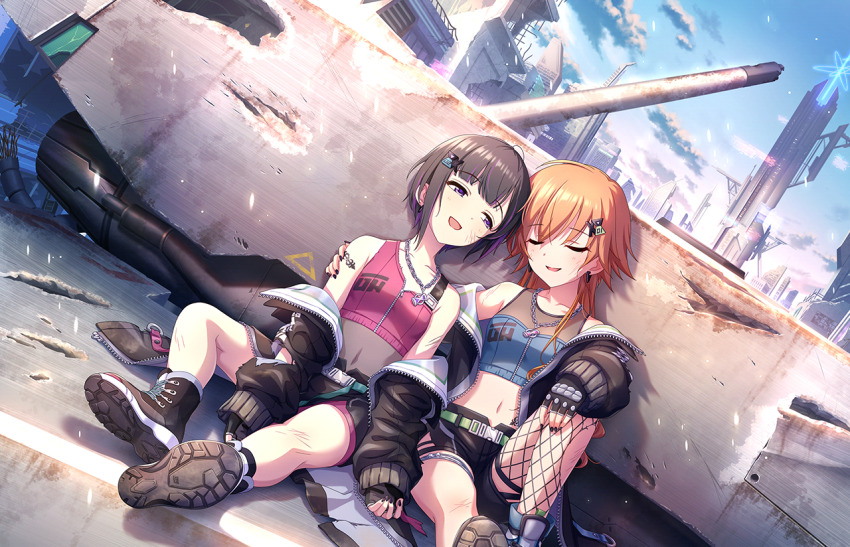 2girls arm_around_shoulder belt black_hair building closed_eyes cloud fingerless_gloves fishnets game_cg gloves hair_ornament idolmaster idolmaster_cinderella_girls idolmaster_cinderella_girls_starlight_stage jewelry multicolored_hair multiple_girls nail_polish navel necklace ninomiya_asuka off_shoulder official_art on_floor open_mouth orange_hair purple_eyes purple_hair see-through_clothes shirayuki_chiyo shoe_soles short_shorts shorts zipper