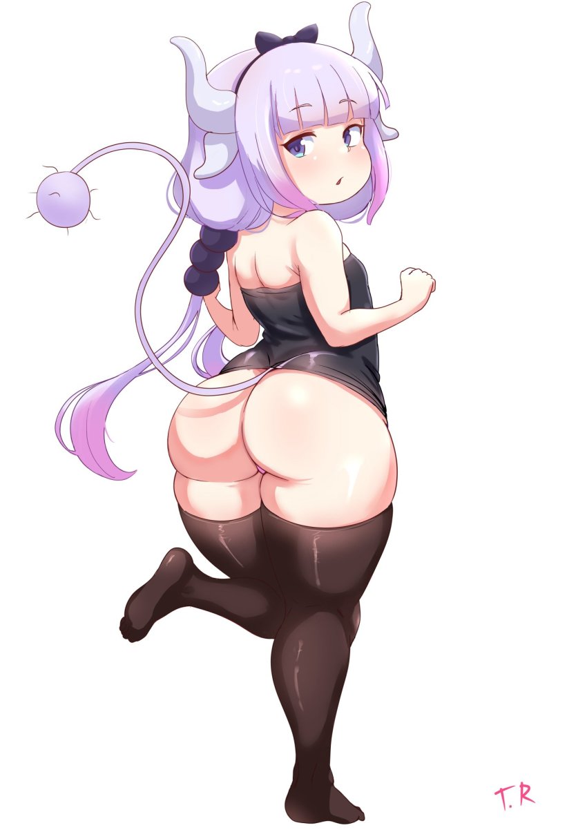 1girl ass bare_arms bare_shoulders black_dress black_shirt black_thighhighs blouse blue_eyes dress from_behind full_body highres horns huge_ass kanna_kamui kobayashi-san_chi_no_maidragon kyojiri_loli legs loli long_hair looking_back no_pants purple_hair shirt simple_background skindentation solo standing standing_on_one_leg strapless tail thick_thighs thighhighs thighs thong triagorodri twintails white_background