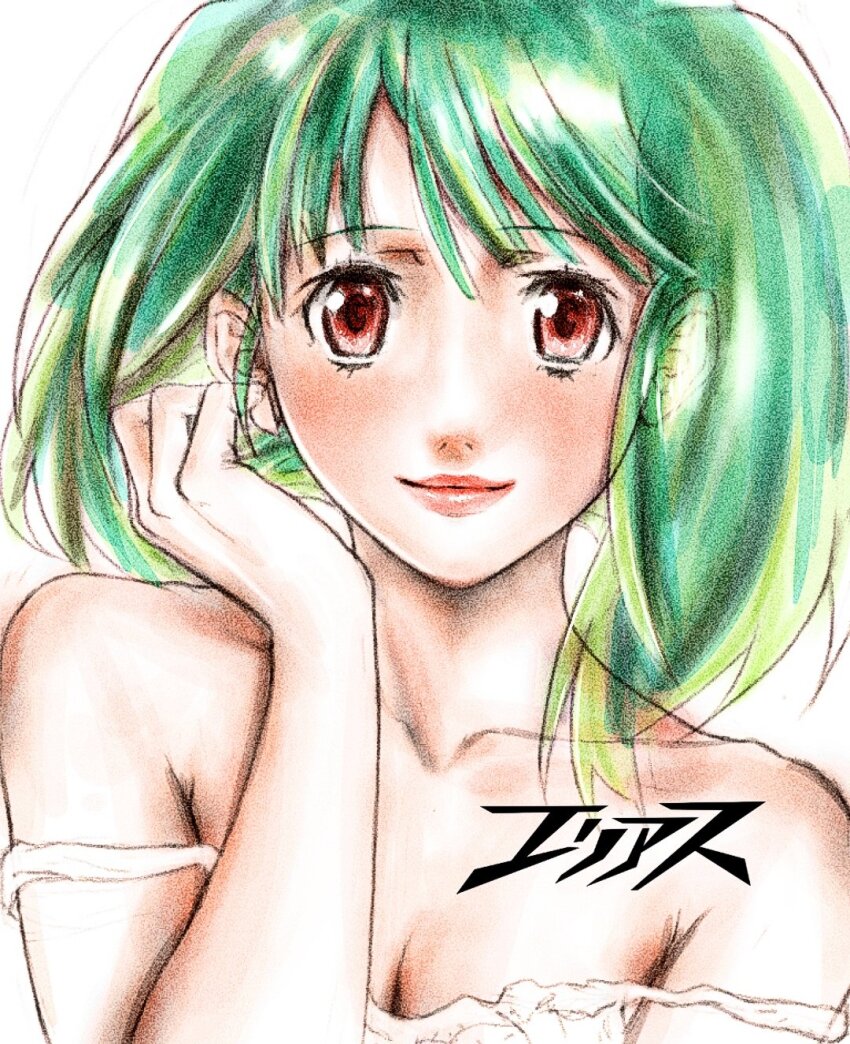 1girl artist_name blush breasts brown_eyes camisole cleavage collarbone elias_macross hair_behind_ear hand_in_own_hair highres looking_at_viewer macross macross_frontier making-of_available portrait ranka_lee red_lips small_breasts smile solo strap_slip white_background white_camisole