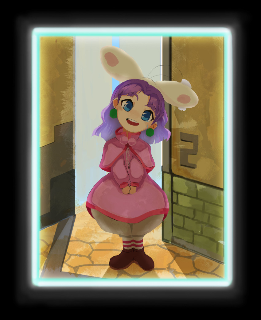 1girl absurdres akumesik blue_eyes crying crying_with_eyes_open dress earrings full_body grandia grandia_i highres jewelry long_hair looking_at_viewer open_mouth purple_hair puui_(grandia) smile socks solo striped_clothes striped_socks sue_(grandia) tears