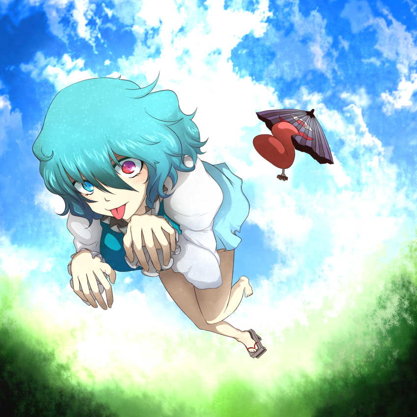 1girl :p barefoot blue_eyes blue_hair cloud female_focus geta heterochromia highres inuchikusho karakasa_obake matching_hair/eyes red_eyes shoes short_hair single_shoe skirt sky solo symbol-shaped_pupils tatara_kogasa tongue tongue_out touhou umbrella winu_(hertrion)