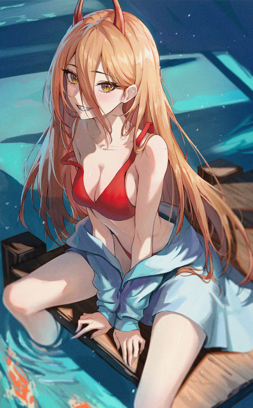 1girl absurdres bikini breasts chainsaw_man cleavage cross-shaped_pupils dock fish hair_between_eyes highres horns long_hair long_hair_between_eyes looking_at_viewer orange_hair outdoors power_(chainsaw_man) red_bikini red_horns sharp_teeth sitting small_breasts soaking_feet solo swimsuit symbol-shaped_pupils teeth user_dzey7845 water yellow_eyes