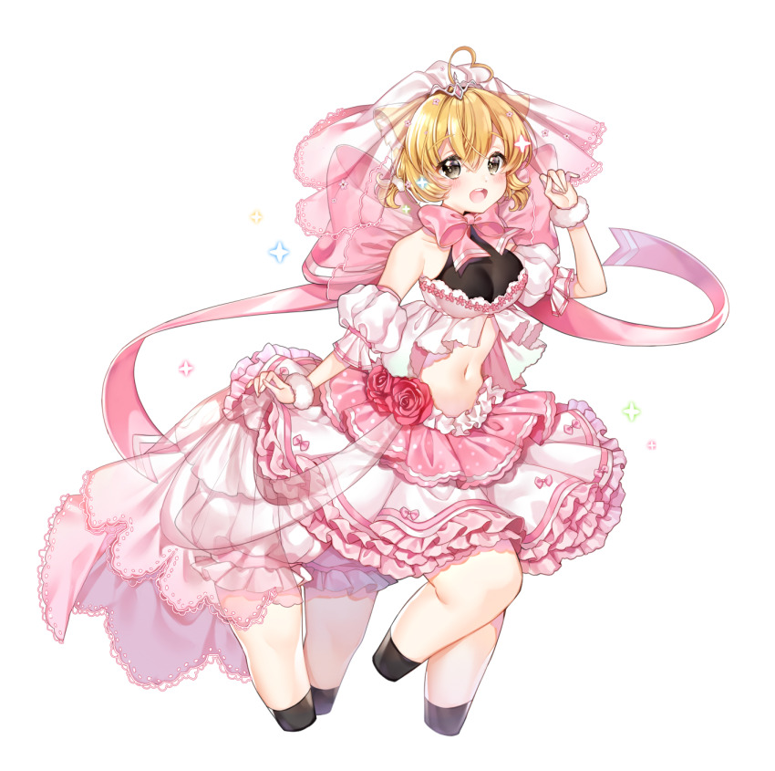 1girl ahoge animal_ears artist_request back_ribbon bare_shoulders blonde_eyebrows blonde_hair blush bow breasts centauroid choker cleavage cross-laced_clothes cross-laced_dress detached_sleeves dress dress_bow dress_flower final_gear flower frilled_dress frills full_body hair_between_eyes hair_ears hair_tie heart heart_ahoge highres horizontal-striped_sleeves lace-trimmed_veil lace_trim leg_up looking_at_viewer midriff navel official_art open_mouth pink_bow pink_flower pink_rose pink_sleeves pink_veil polka_dot polka_dot_dress puffy_sleeves ribbon_choker rose see-through_clothes see-through_cleavage see-through_veil short_hair short_sleeves short_twintails simple_background solo standing_on_three_legs striped_bow sweety_(final_gear) tachi-e taur teeth third-party_source transparent_background twintails upper_teeth_only veil white_tiara yellow_eyes