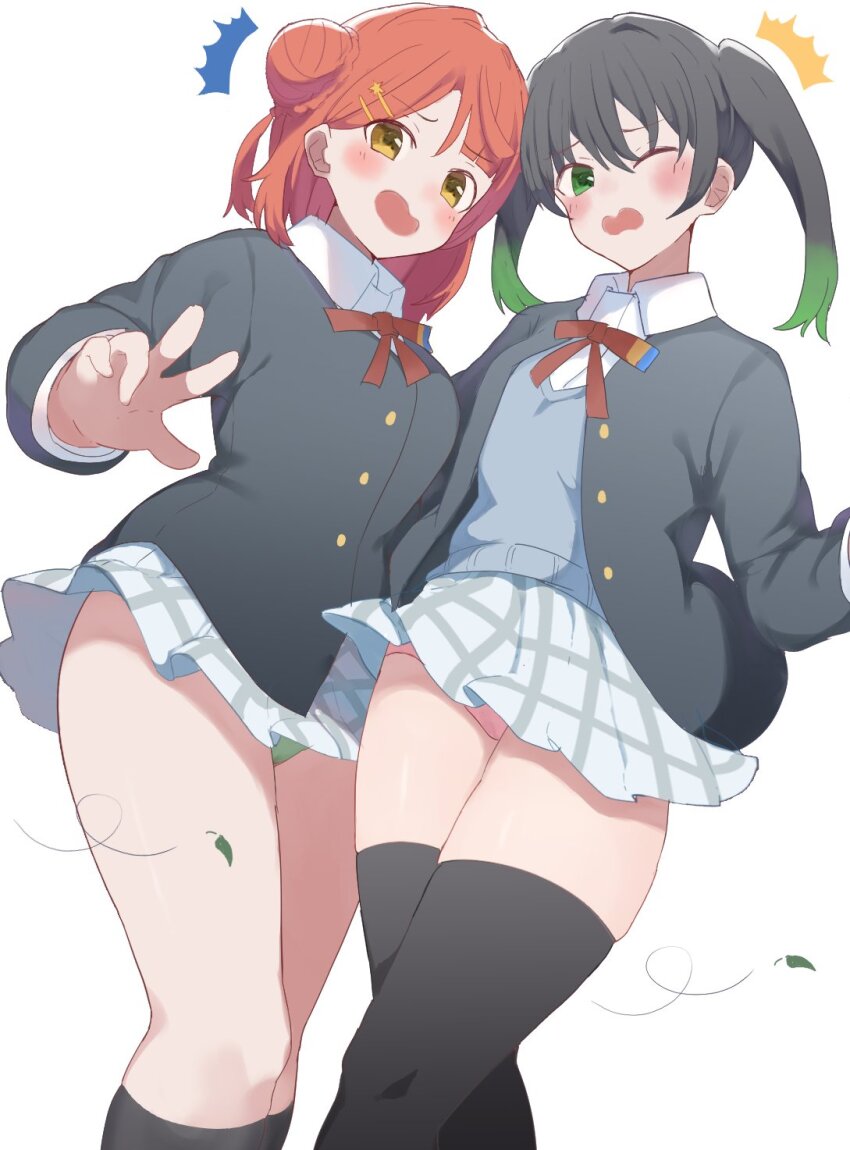 2girls ^^^ black_hair black_jacket black_socks black_thighhighs blunt_bangs blush bun_with_braided_base clothes_lift collared_shirt commentary dress_shirt gradient_hair green_eyes green_hair green_panties grey_sweater hair_between_eyes hair_bun hair_ornament hairclip half_updo highres jacket kneehighs leaf long_sleeves looking_at_viewer love_live! love_live!_nijigasaki_high_school_idol_club medium_hair miniskirt multicolored_hair multiple_girls neck_ribbon nijigasaki_school_uniform one_eye_closed open_clothes open_jacket open_mouth orange_hair panties pantyshot peanut_mouth pink_panties plaid_clothes plaid_skirt pleated_skirt red_ribbon ribbon school_uniform shirt simple_background single_side_bun skirt skirt_lift socks soyo1558686 sparkle sweater swept_bangs takasaki_yu thick_thighs thighhighs thighs twintails two-tone_hair uehara_ayumu underwear w white_background white_shirt white_skirt wind wind_lift winter_uniform yellow_eyes