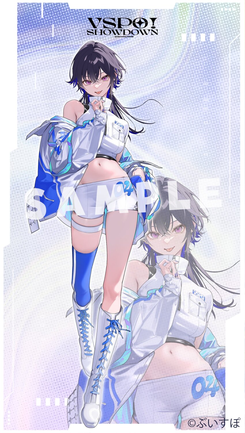 1girl absurdres black_hair blue_hair blue_thighhighs boots breasts closed_mouth cross-laced_footwear full_body highres ichinose_uruha jacket knee_boots lace-up_boots long_hair looking_at_viewer medium_breasts midriff multicolored_hair navel nishikikope official_art open_clothes open_jacket sample_watermark shorts single_thighhigh smile standing thigh_strap thighhighs tongue tongue_out virtual_youtuber vspo! watermark white_boots white_jacket white_shorts zoom_layer