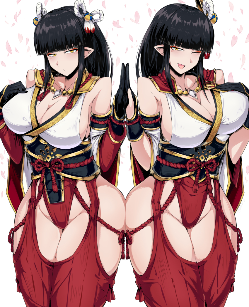 2girls ass-to-ass black_hair breasts cleavage hair_ornament hakama hakama_skirt highres hime_cut hinoa hip_vent japanese_clothes large_breasts leotard miko minoto monster_hunter_(series) monster_hunter_rise multiple_girls pointy_ears shimure_(460) siblings sisters skirt twins