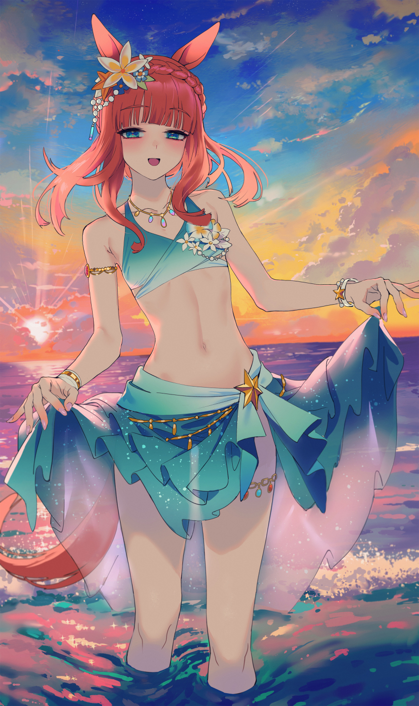 1girl absurdres animal_ears aqua_bikini bare_shoulders bikini blue_eyes blush bracelet braid clothes_lift cloud crown_braid flat_chest flower hair_flower hair_ornament half-closed_eyes highres horizon horse_ears horse_girl horse_tail jewelry long_hair looking_at_viewer navel ocean open_mouth outdoors red_hair ribs sarcophage sarong sarong_hold see-through_clothes see-through_sarong silence_suzuka_(emerald_on_the_waves)_(umamusume) silence_suzuka_(umamusume) solo standing sunset swimsuit tail umamusume wading water