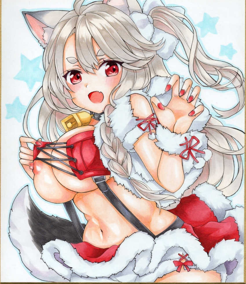 1girl adjusting_clothes airi_(akamichiaika) animal_ears azur_lane bandeau bell bow breasts christmas fang fur-trimmed_skirt fur_panties fur_trim hair_bow highres large_breasts long_hair looking_at_viewer marker_(medium) microskirt nail_polish navel neck_bell nipple_slip nipples official_alternate_costume one_side_up open_mouth red_eyes red_nails red_skirt santa_costume scan silver_hair skin_fang skirt smile solo standing star_(symbol) star_symbol_background suspender_skirt suspenders thick_eyebrows traditional_media white_bow yuudachi_(azur_lane) yuudachi_(woofy_floofy_christmas_night)_(azur_lane)