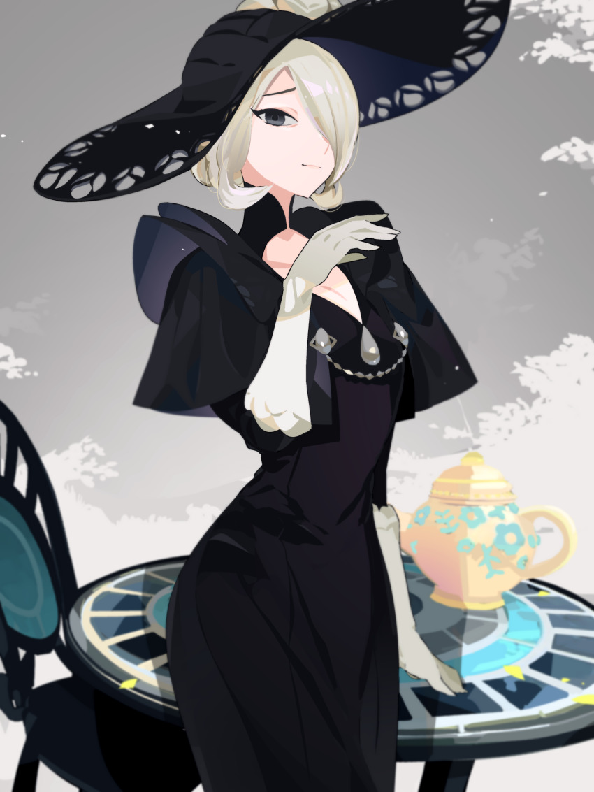 1girl arm_at_side black_dress black_eyes black_hat blonde_hair breasts chair cleavage closed_mouth cogita_(pokemon) cowboy_shot creatures_(company) dress female_focus floral_print flower game_freak gloves grey_background hair_over_one_eye half-closed_eyes hand_up hat hat_flower highres idkuroi layered_sleeves long_sleeves looking_at_viewer mature_female narrow_waist nintendo one_eye_covered outdoors pokemon pokemon_legends:_arceus short_hair short_over_long_sleeves short_sleeves sidelocks small_breasts solo standing sun_hat table teapot white_flower white_gloves