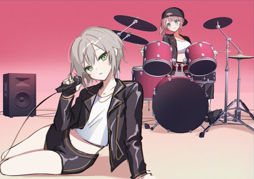 2girls apt._(rose_&amp;_bruno_mars) arm_support backwards_hat black_jacket black_pants black_skirt blue_eyes blush breasts brown_hair chain cherrymeing crop_top cymbals drum drum_set drumsticks gold_chain gradient_background green_eyes grey_hair hat hinomori_shiho holding holding_microphone instrument jacket korean_commentary large_breasts leather leather_jacket leather_skirt looking_at_viewer lying microphone midriff mochizuki_honami multiple_girls music on_side pants project_sekai shirt short_hair side_ponytail sidelocks skirt small_breasts speaker white_shirt