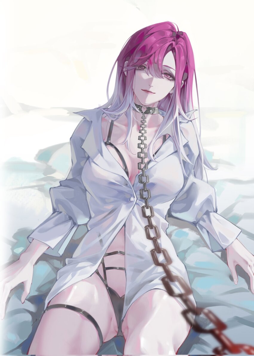 1girl breasts chain chain_around_neck chinese_commentary clothing_request collared_shirt commentary_request female_pov gradient_hair highres implied_yuri leaning_back long_hair long_sleeves multicolored_hair nie_guai open_clothes open_shirt path_to_nowhere pov purple_hair shalom_(path_to_nowhere) shirt solo thigh_strap white_hair white_shirt