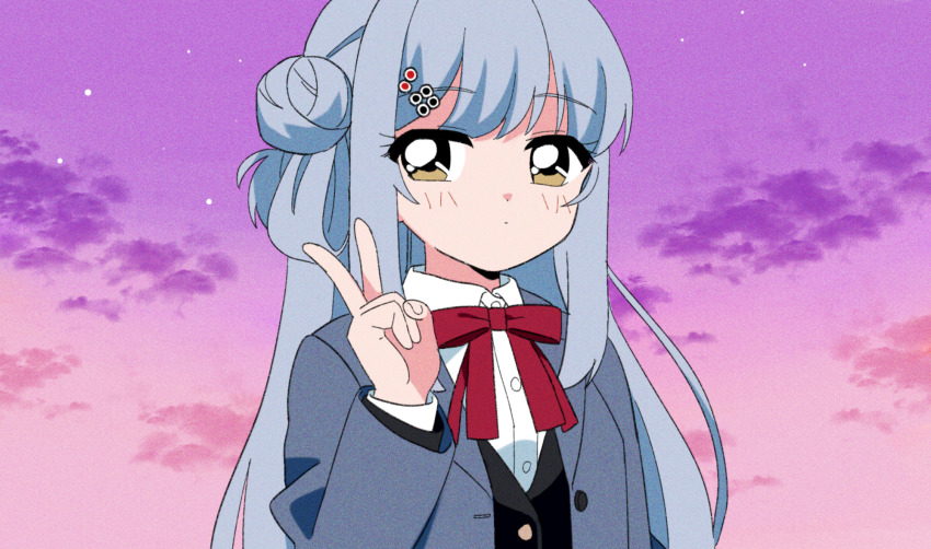 1990s_(style) 1girl blue_hair blush brown_eyes closed_mouth cloud cloudy_sky hair_bun half_updo highres kashii_kaoru long_hair mahjong_soul multicolored_sky retro_artstyle school_uniform sky solo sunset v yagi_yui