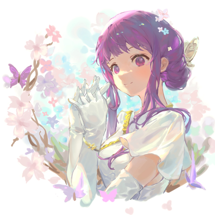 1girl absurdres ahriii bug butterfly closed_mouth dress fern_(sousou_no_frieren) flower gloves gold_trim hair_bun hair_ornament hands_up highres insect jewelry long_hair official_alternate_costume official_alternate_hairstyle purple_eyes purple_hair short_sleeves sidelocks simple_background smile solo sousou_no_frieren upper_body white_background white_dress white_gloves