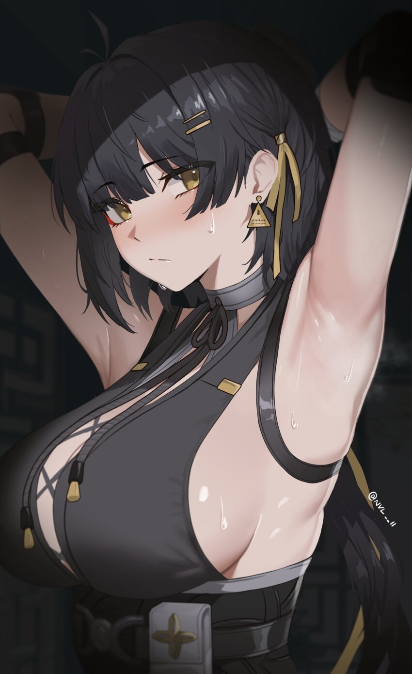 1girl :/ absurdres alternate_breast_size armpit_crease armpits arms_up bare_shoulders black_background black_hair blush breasts closed_mouth cross-laced_clothes cross-laced_top earrings eyeliner female_rover_(wuthering_waves) hair_ornament hairclip highres jewelry large_breasts long_hair looking_at_viewer low_ponytail makeup nvl pouch red_eyeliner rover_(wuthering_waves) sideboob simple_background sleeveless solo strap sweat sweatdrop triangle_earrings twitter_username upper_body wuthering_waves yellow_eyes