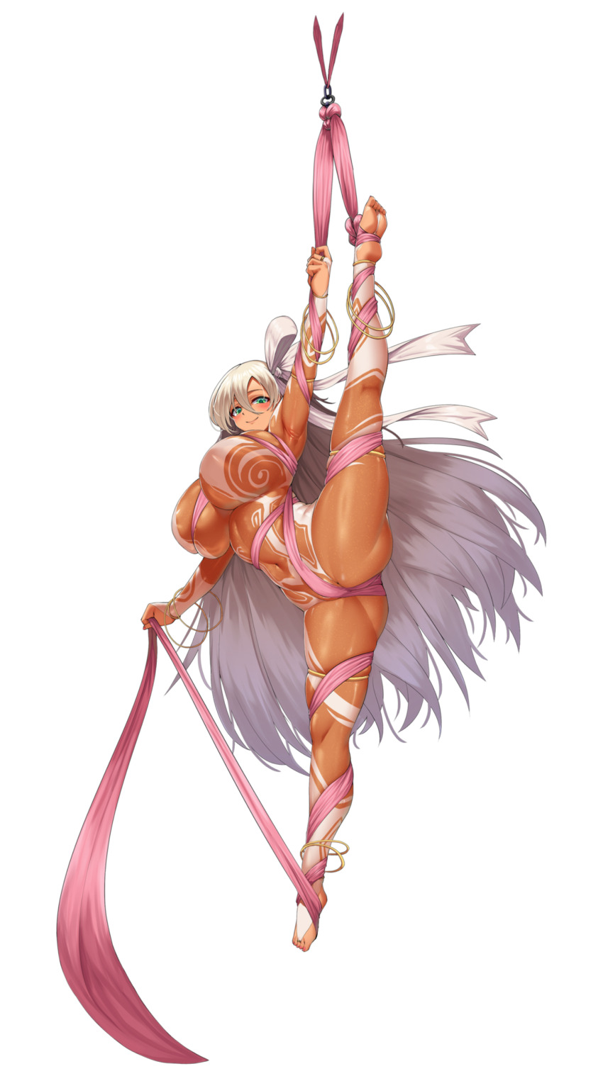 1girl absurdres acrobatic_sunny acrobatics anklet ass bangle bodysuit bracelet breasts bridal_gauntlets bridal_legwear brown_bodysuit cho!cho! covered_navel dark-skinned_female dark_skin full_body gold_armlet gold_thighlet green_eyes groin_tendon hair_between_eyes hair_ribbon highres huge_breasts impossible_bodysuit impossible_clothes jewelry last_origin linea_alba long_hair looking_at_viewer multiple_bracelets nail_polish non-web_source official_alternate_costume official_art pink_nails ribbon simple_background skindentation smile solo split standing standing_on_one_leg standing_split tachi-e thick_thighs thighs toenail_polish toenails transparent_background underboob very_long_hair white_hair white_ribbon