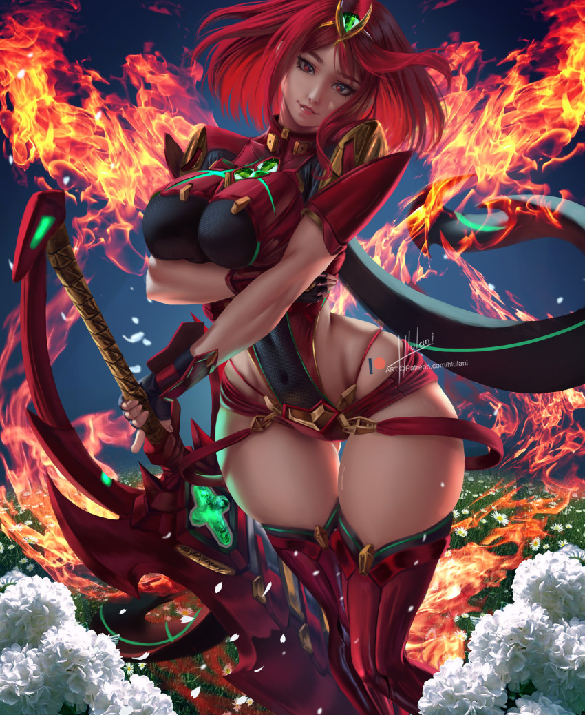 1girl absurdres arm_under_breasts bob_cut boots breasts circlet curvy fingerless_gloves fire flower gloves grin highres hlulani holding holding_sword holding_weapon large_breasts lips looking_at_viewer medium_hair night night_sky pyra_(xenoblade) red_eyes red_footwear red_hair red_shorts short_sleeves shorts signature sky smile solo sword teeth thigh_boots thighhighs weapon white_flower wide_hips xenoblade_chronicles_(series) xenoblade_chronicles_2