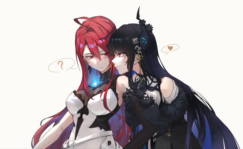 2girls ? ahoge black_gloves black_hair black_horns blue_fire blue_hair breasts colored_inner_hair dress elizabeth_rose_bloodflame elizabeth_rose_bloodflame_(1st_costume) fire fire_on_chest flower fur-trimmed_sleeves fur_trim gloves heart highres holding_another&#039;s_arm hololive hololive_english horn_flower horns huge_ahoge large_breasts long_hair mole mole_under_eye multicolored_hair multiple_girls nerissa_ravencroft nerissa_ravencroft_(1st_costume) otashishi red_eyes red_hair shirt simple_background spoken_heart spoken_question_mark sweatdrop very_long_hair virtual_youtuber white_background white_dress white_shirt yuri