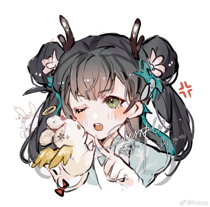 1girl angel_wings anger_vein annoyed black_hair blue_hanfu bow check_copyright chinese_clothes copyright_request cropped_torso double_bun dragon_horn eyelashes flower green_eyes hair_bun hair_flower hair_ornament halo hanfu highres kuuus long_hair looking_at_animal lotus mouse_(animal) one_eye_closed open_mouth original pink_flower red_bow sample_watermark simple_background solo stamp_mark tail tail_bow tail_ornament tassel tassel_hair_ornament teeth third-party_source traditional_halo upper_teeth_only watermark weibo_watermark white_background winged_animal wings yellow_halo yellow_wings