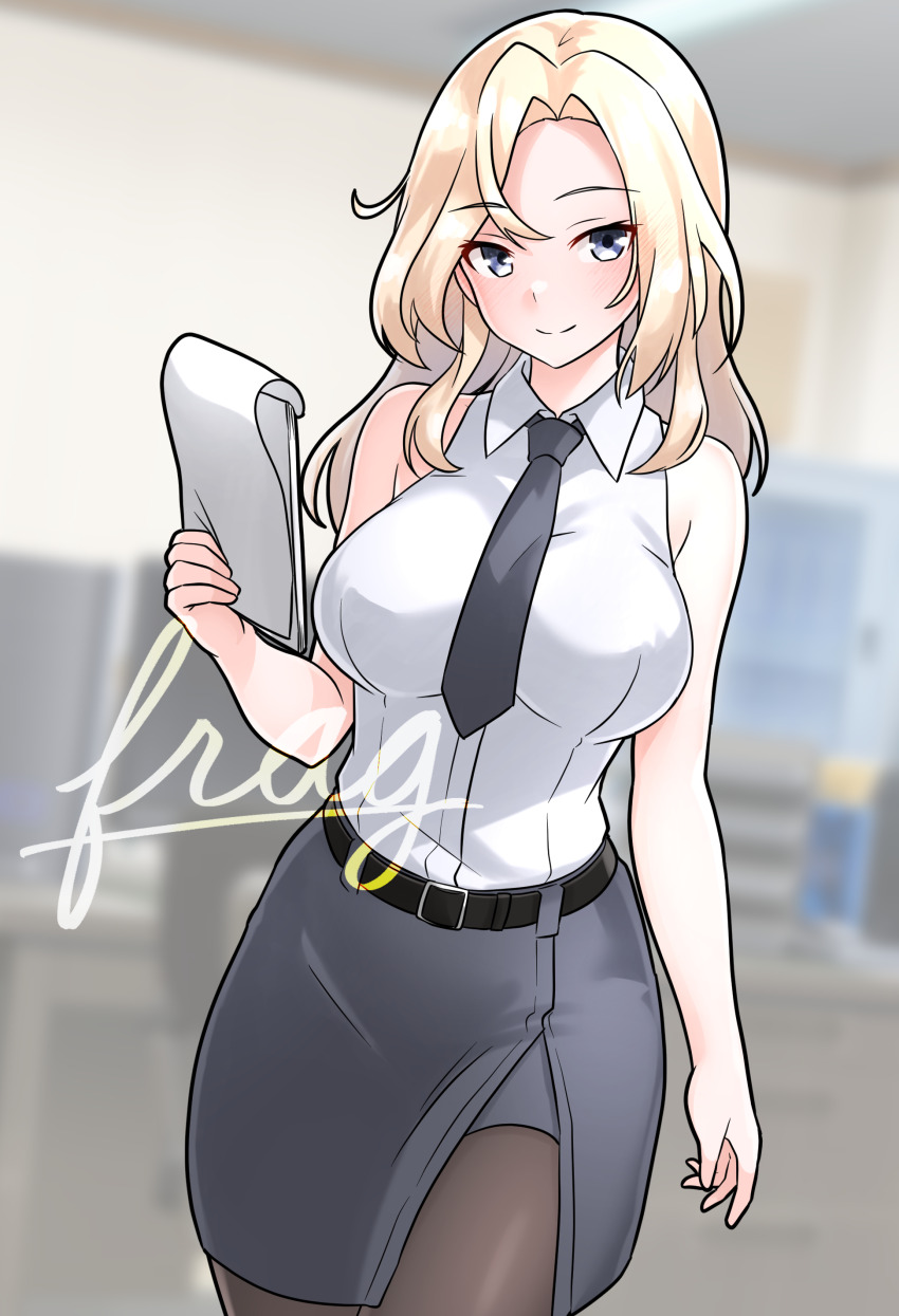 1girl absurdres black_skirt blonde_hair blue_eyes furaggu_(frag_0416) highres hornet_(kancolle) kantai_collection long_hair shirt skirt sleeveless smile solo white_shirt