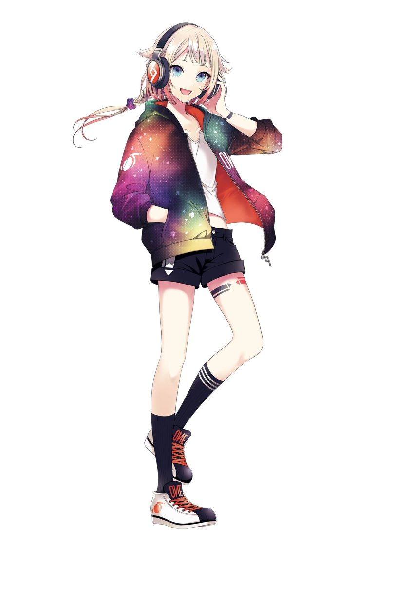 1girl :d artist_request asymmetrical_legwear black_legwear black_shorts blonde_hair blue_eyes body_markings braid braided_ponytail cevio collarbone female_focus full_body hair_flaps hair_ornament hair_scrunchie hand_in_pocket hand_on_headphones hand_up headphones highres jacket long_sleeves looking_at_viewer mismatched_legwear multicolored_hair official_art one_(cevio) open_clothes open_jacket open_mouth orange_hair print_jacket scrunchie shirt shoes short_hair_with_long_locks short_shorts shorts simple_background smile sneakers socks solo space_print standing standing_on_one_leg starry_sky_print two-tone_hair white_background white_shirt