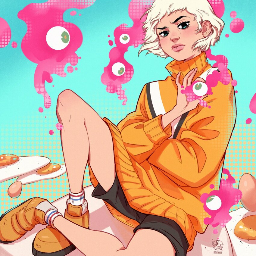 1girl black_shorts blonde_hair boots borrowed_character commentary draw_this_in_your_style_challenge egg english_commentary eyeball fried_egg frown green_eyes highres holding_eyeball ithilnaur orange_boots orange_sweater original pink_lips procreate_(medium) raised_eyebrow short_hair short_shorts shorts sitting solo sweater