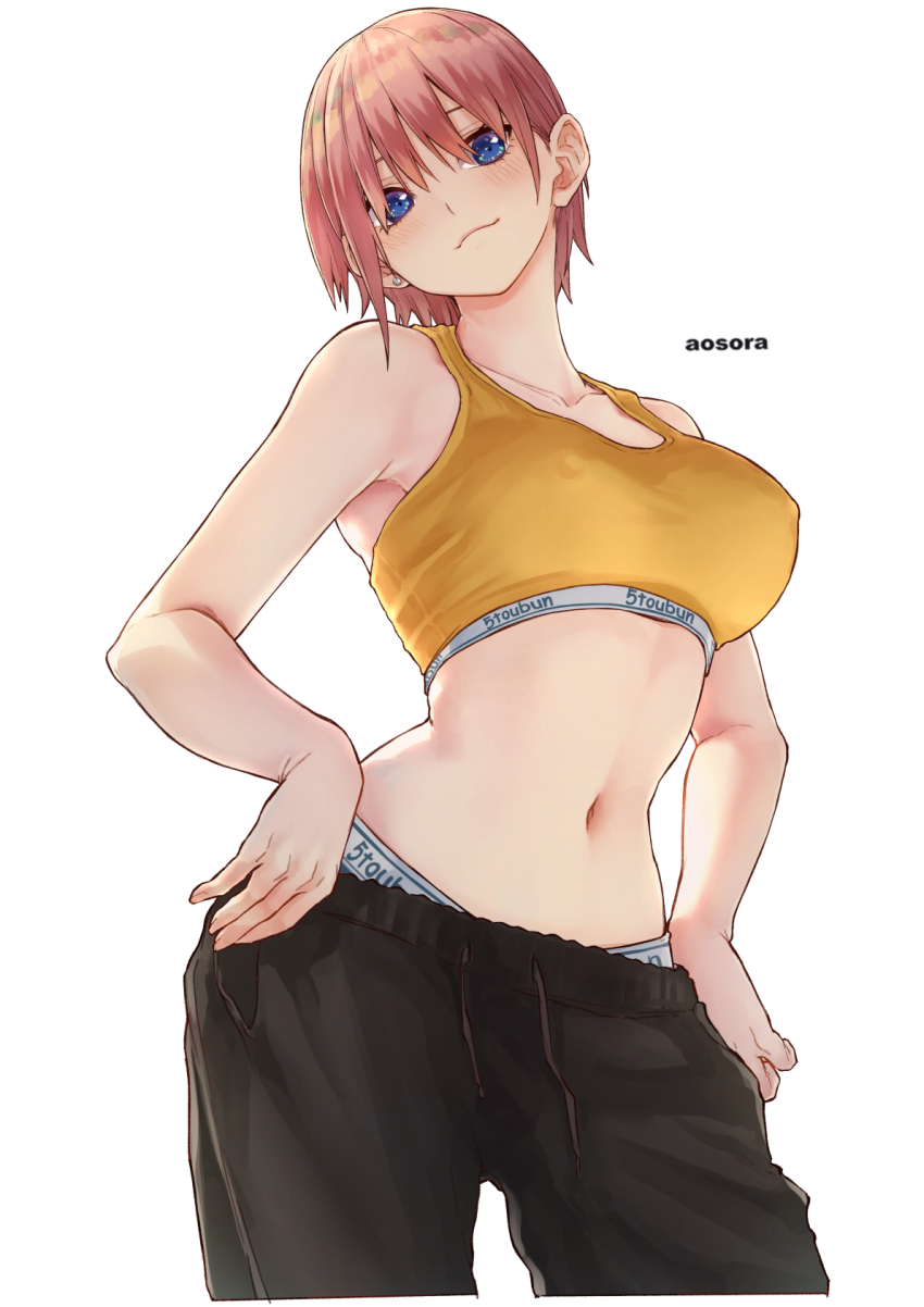 1girl aosora2823 artist_name blue_eyes blush breasts closed_mouth collarbone commentary_request go-toubun_no_hanayome hair_between_eyes highres looking_at_viewer midriff nakano_ichika navel pants pink_hair short_hair simple_background smile solo sports_bra white_background yellow_sports_bra yoga_pants