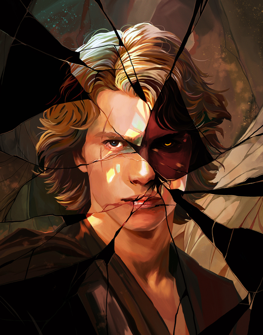 1boy anakin_skywalker broken_glass brown_hair evil_eyes glass hayden_christensen highres lips portrait samanthadoodles scar scar_across_eye sith solo star_wars star_wars:_revenge_of_the_sith tunic