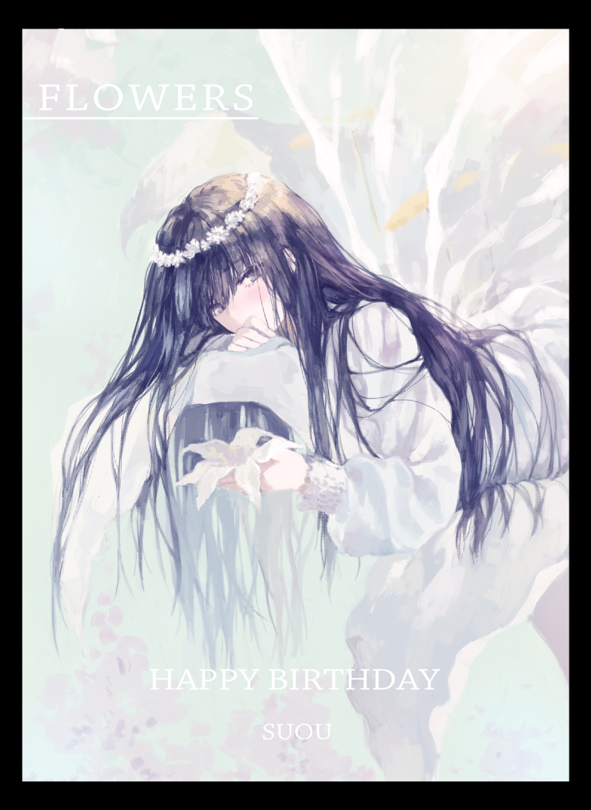 1girl black_border black_hair border character_name commentary copyright_name covered_mouth dress english_commentary english_text expressionless floating flower flowers_(innocent_grey) grey_eyes hair_between_eyes hair_over_shoulder happy_birthday head_rest head_wreath highres holding holding_flower long_hair long_sleeves looking_at_viewer lying mixed-language_commentary nightgown on_stomach puffy_long_sleeves puffy_sleeves shirahane_suou solo straight_hair weisuoxin white_dress white_flower