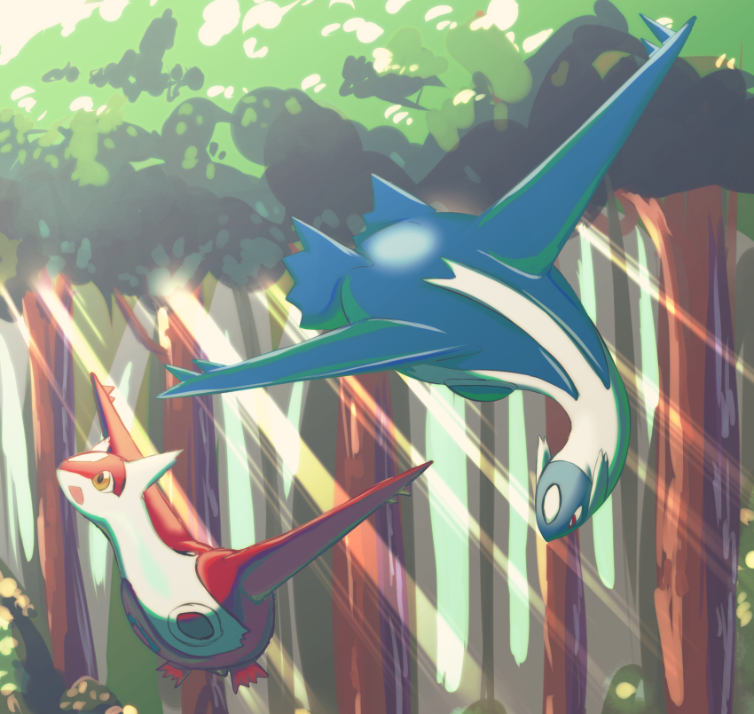 absurdres bright_pupils commentary creatures_(company) floating flying game_freak gen_3_pokemon gushi highres latias latios legendary_pokemon looking_up nintendo no_humans open_mouth outdoors pokemon pokemon_(creature) red_eyes smile sunset tree white_pupils wings yellow_eyes