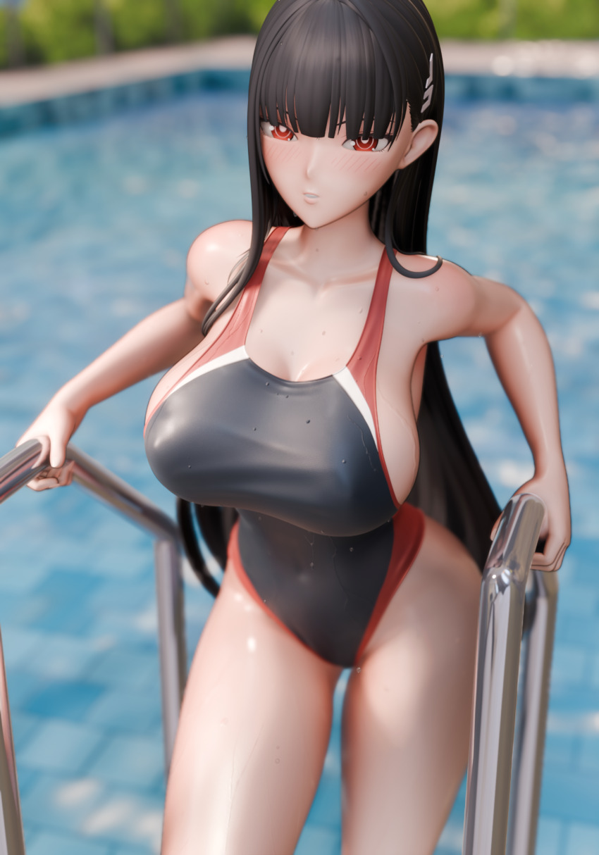 1girl 3dbrokoli bare_shoulders black_hair blue_archive blush breasts competition_swimsuit highres large_breasts legs one-piece_swimsuit pool pool_ladder rio_(blue_archive) solo swimsuit wet wet_clothes wet_swimsuit